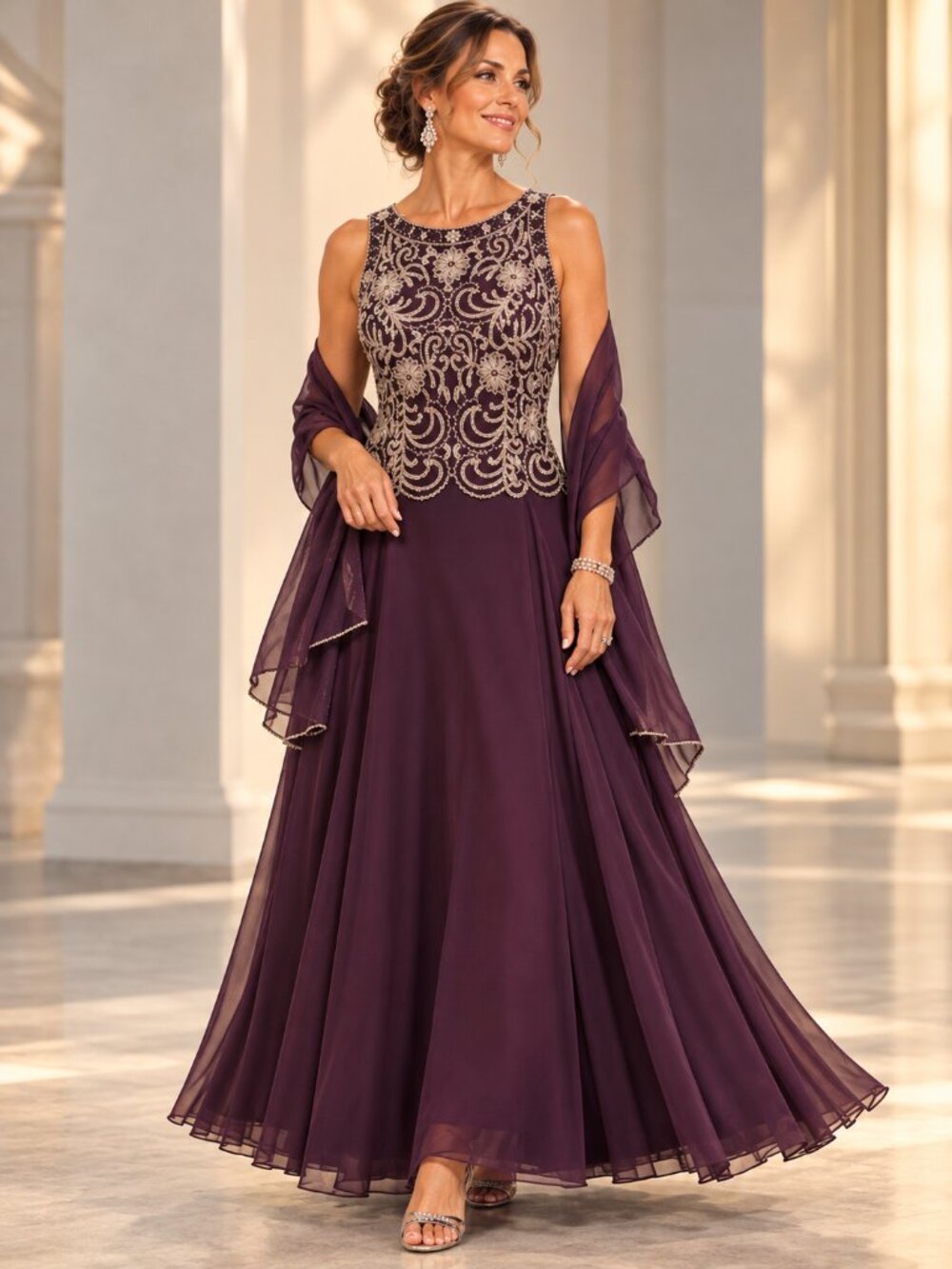 J Kara Plum Beaded Embellished Bodice Chiffon Gown Shawl 14P Mother Bride NWT